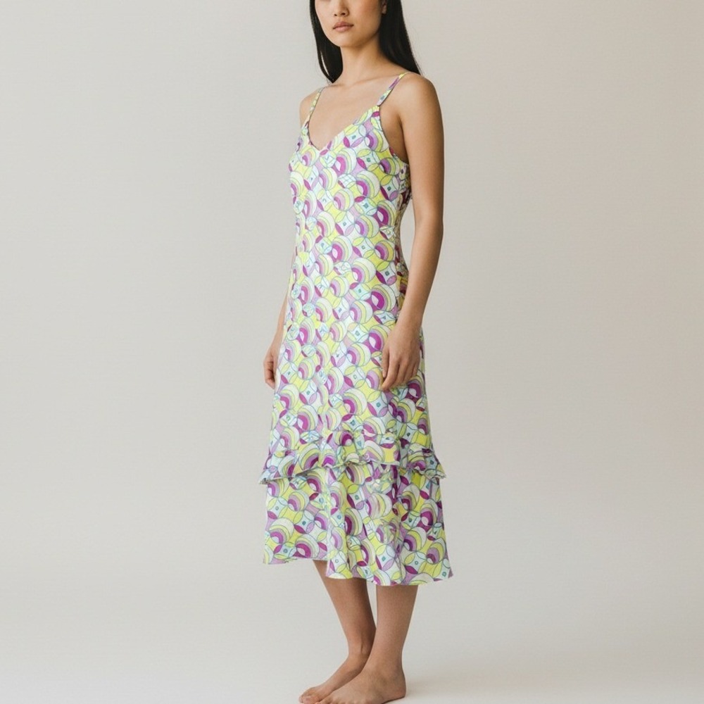 Johnny Was Silk Geometric‎ Ruffle Hem Slip Dress Womens Medium Y2K 90s Feminine